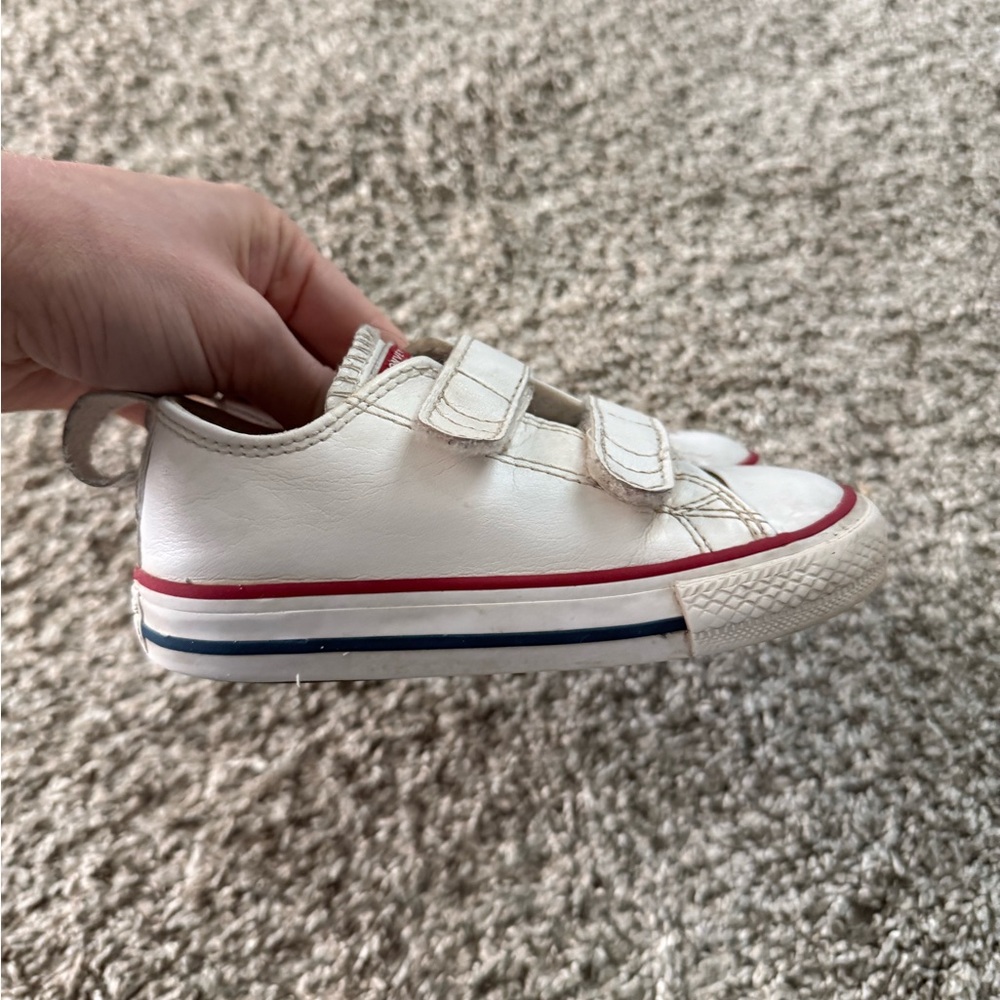 Kids White Velcro Sneakers with Red & Blue Trim
